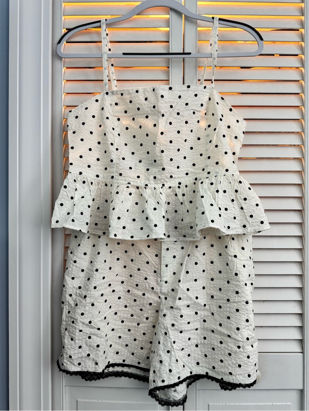 aerie White Polka Dot Ruffle Peplum Pajama Set